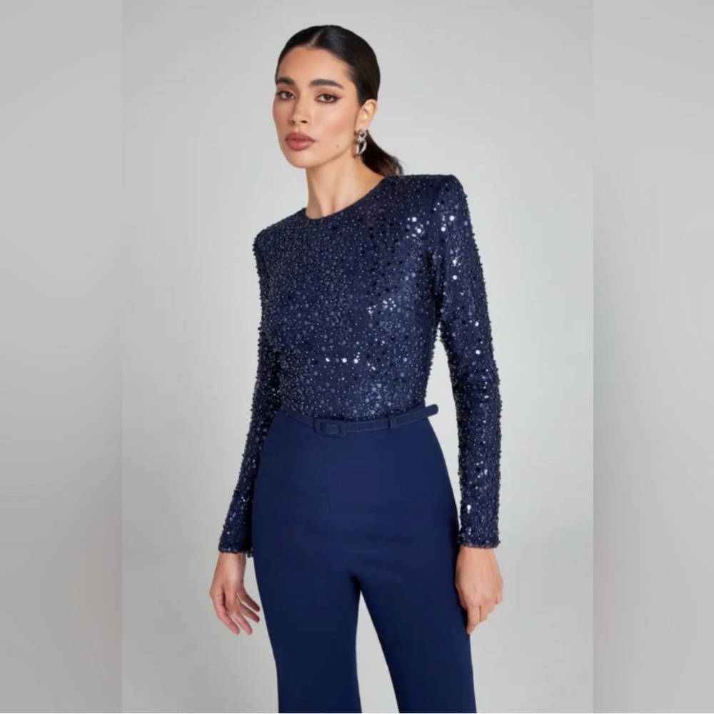 Nadine Merabi Misha Belted Long Sleeve Flare Jumpsuit Navy